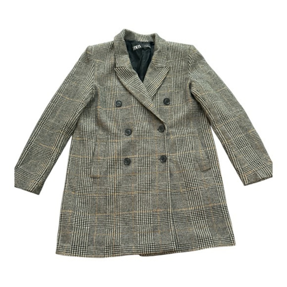 ZARA Plaid Wool-Blend Double Breasted Coat Gray Check Long Blazer Jacket S